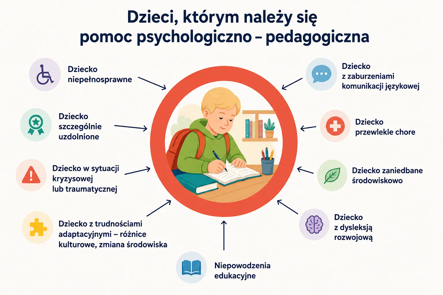 Infografika: dzieci, którym należy się pomoc psychologiczno-pedagogiczna — dziecko niepełnosprawne, szczególnie uzdolnione, w sytuacji kryzysowej lub traumatycznej, z trudnościami adaptacyjnymi, z niepowodzeniami edukacyjnymi, z dysleksją rozwojową, zaniedbane środowiskowo, przewlekle chore oraz z zaburzeniami komunikacji językowej.