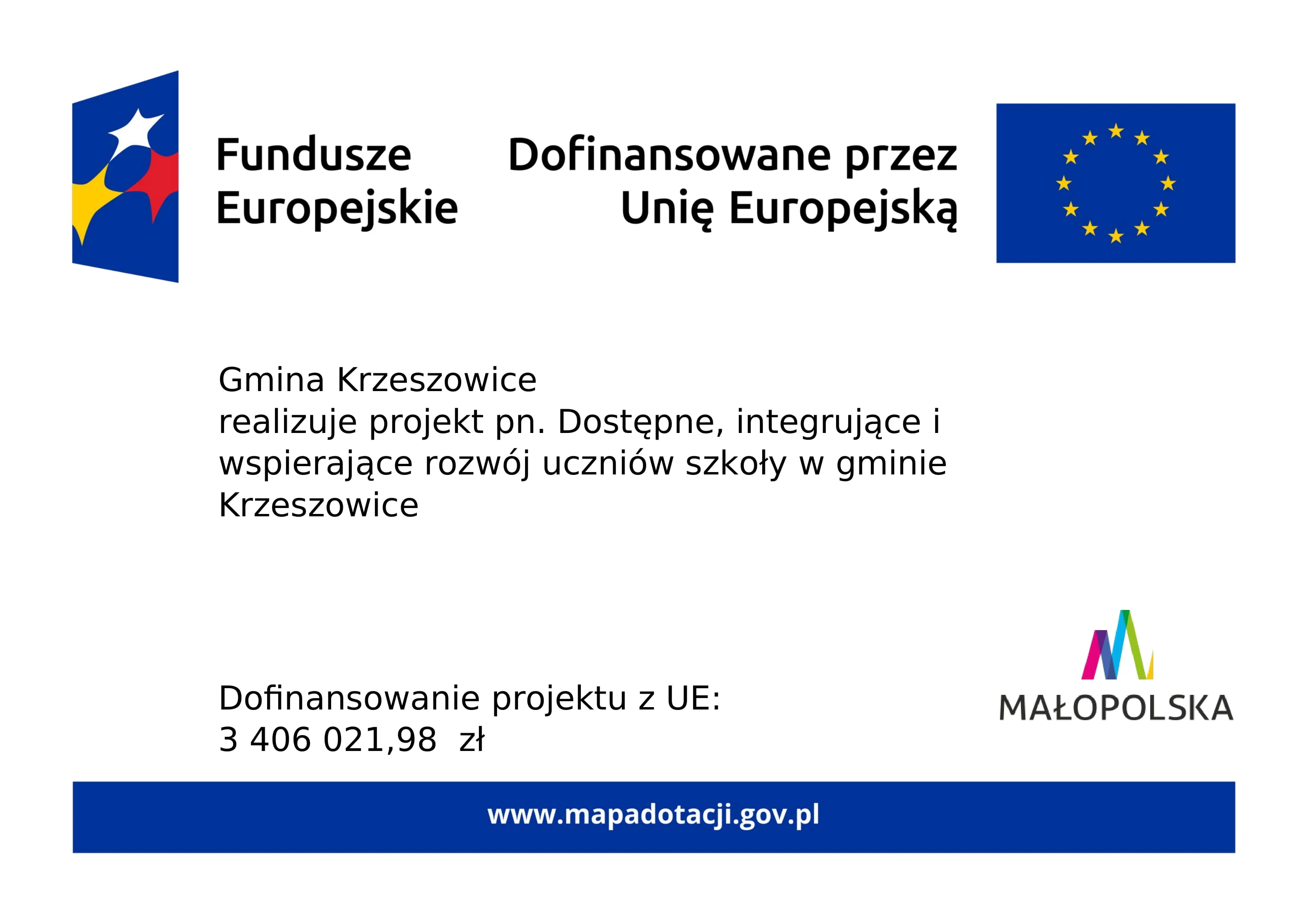 Plakat informacyjny: Fundusze Europejskie, Dofinansowane przez Unię Europejską, flaga Unii Europejskiej, logo Małopolski. Gmina Krzeszowice realizuje projekt pn. Dostępne, integrujące i wspierające rozwój uczniów szkoły w gminie Krzeszowice. Dofinansowanie projektu z UE: 3 406 021,98 zł. www.mapadotacji.gov.pl